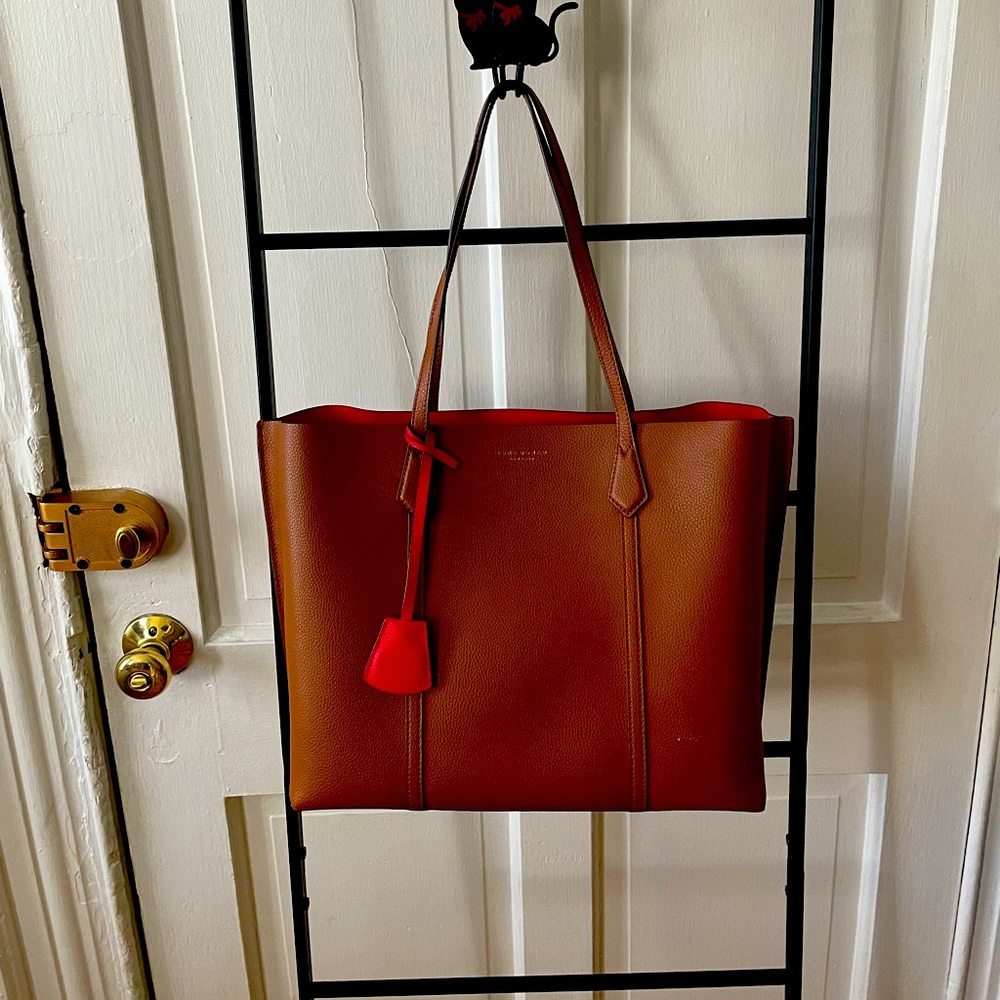 Tory Burch Brown Leather Tote with orange Accent